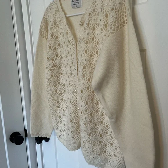 Marisa Christina Sweater Large Ivory Pearl Stud Lambswool Knit Cardigan Vintage - Picture 5 of 14